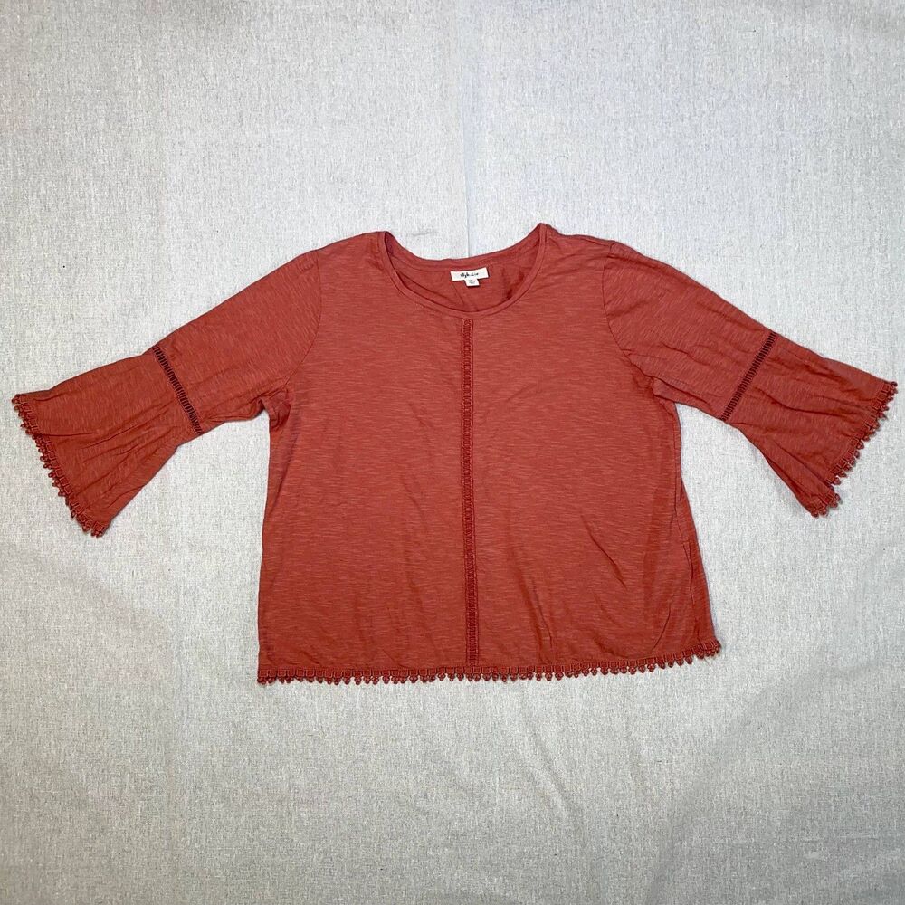 Style & Co | Petite Lantern-Sleeve Crochet-Trim Top | PXL